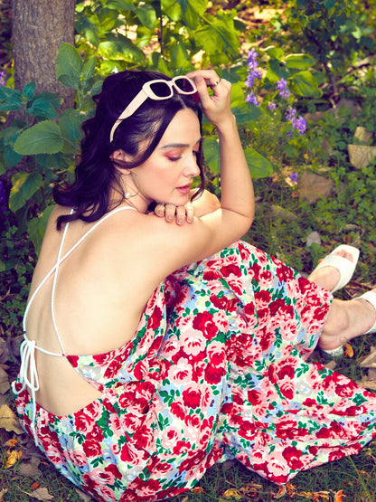 Women's Red Floral Backless Maxi Dress