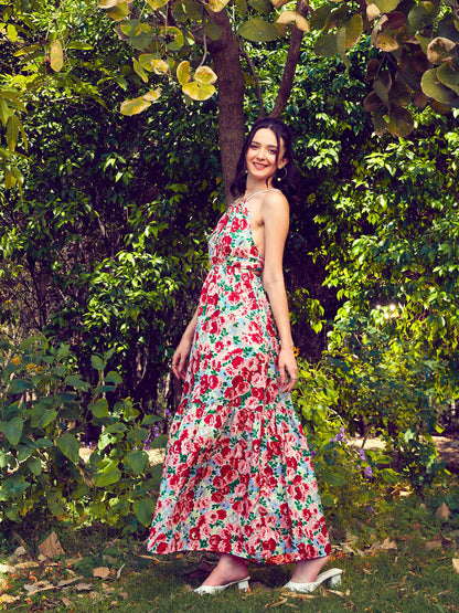 Women's Red Floral Backless Maxi Dress