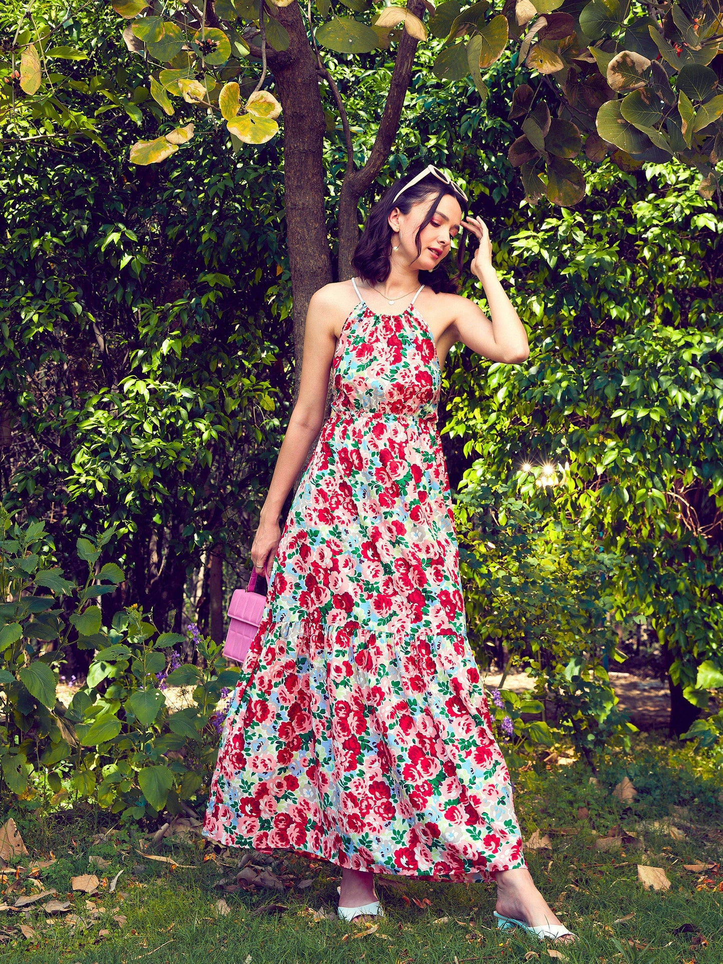 Women's Red Floral Backless Maxi Dress