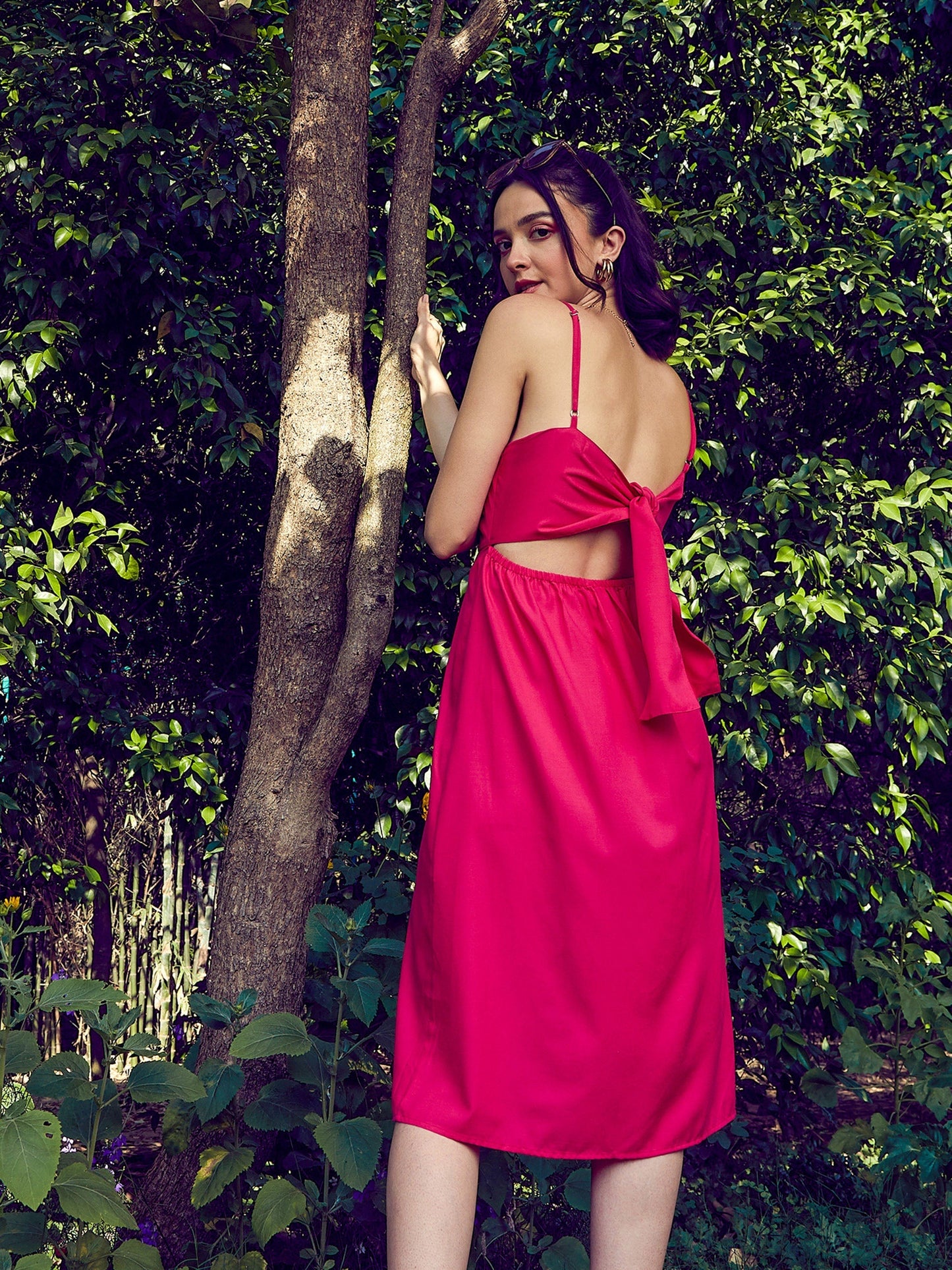 Women's Pink Strappy Pleated Midi Dress