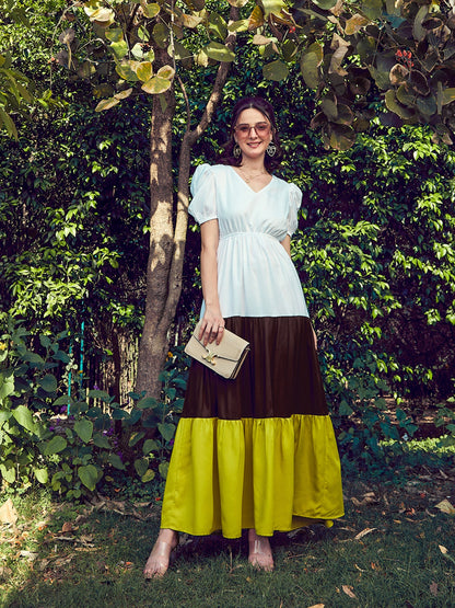 Women's Green & White Color Block Tiered Maxi Dress