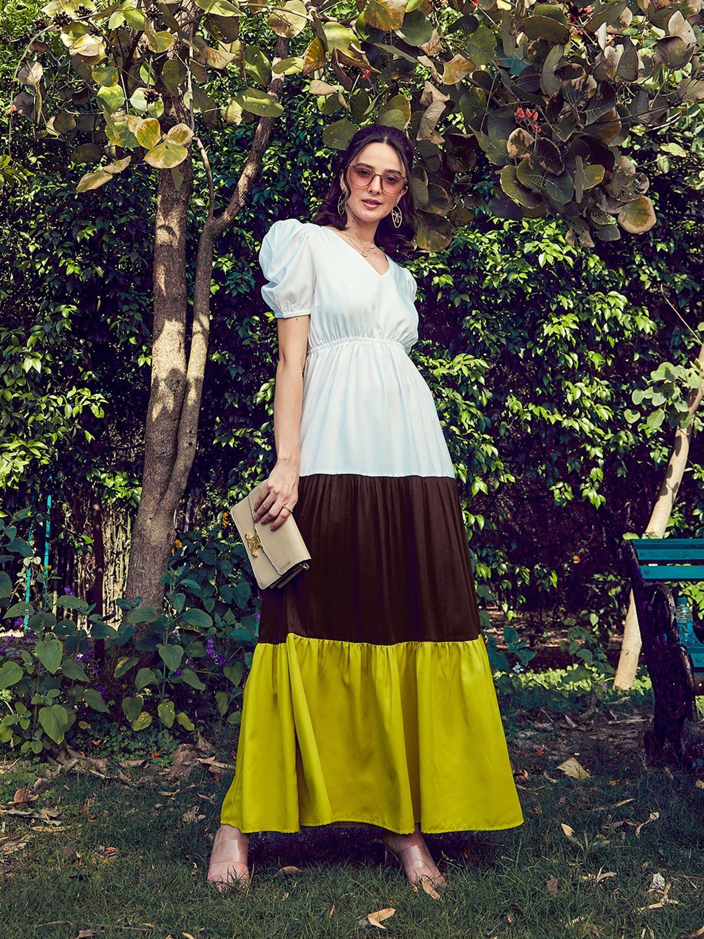 Women's Green & White Color Block Tiered Maxi Dress