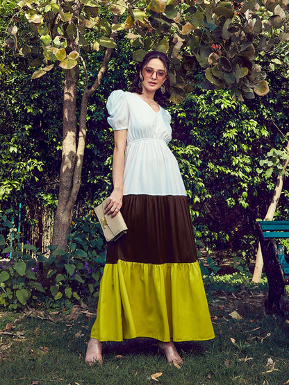 Women's Green & White Color Block Tiered Maxi Dress