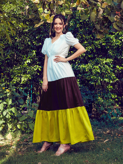 Women's Green & White Color Block Tiered Maxi Dress