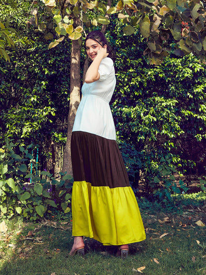 Women's Green & White Color Block Tiered Maxi Dress