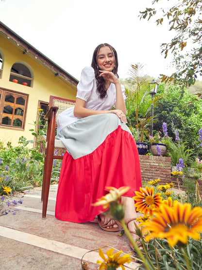 Women's Red & White Color Block Tiered Maxi Dress