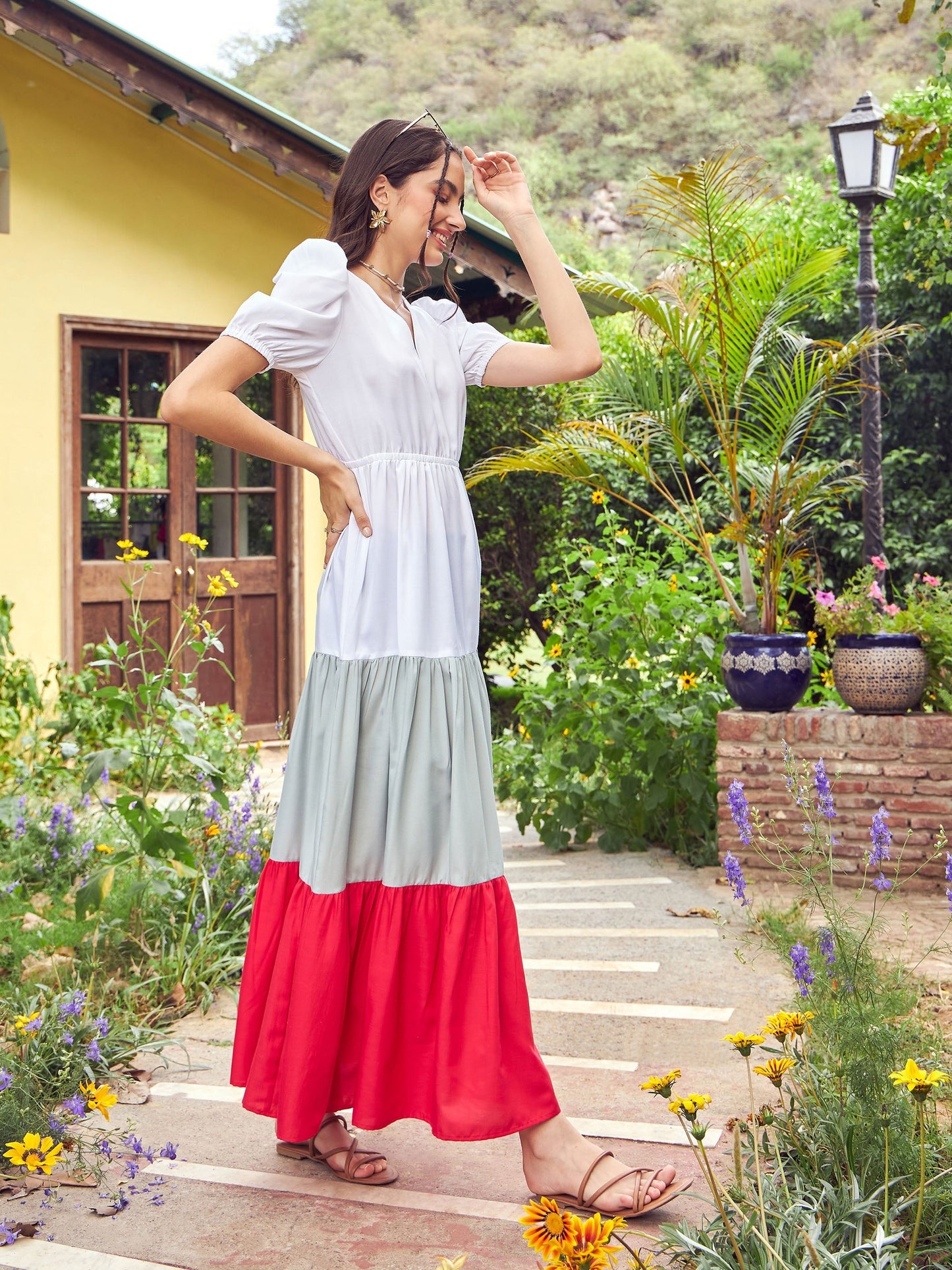 Women's Red & White Color Block Tiered Maxi Dress