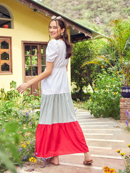 Women's Red & White Color Block Tiered Maxi Dress