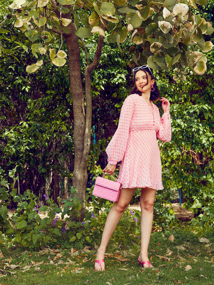 Women's Pink Polka Dot Pleated Dress