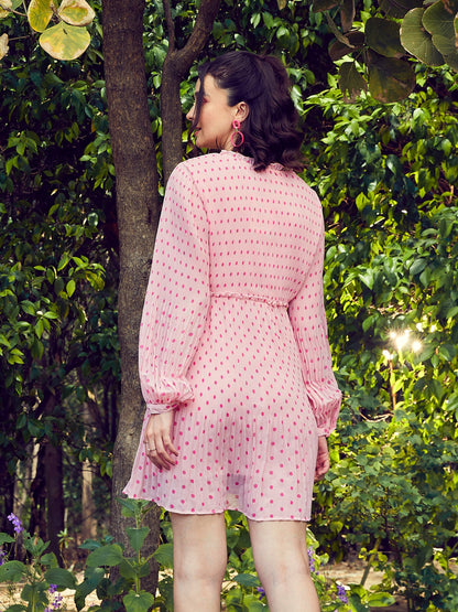 Women's Pink Polka Dot Pleated Dress