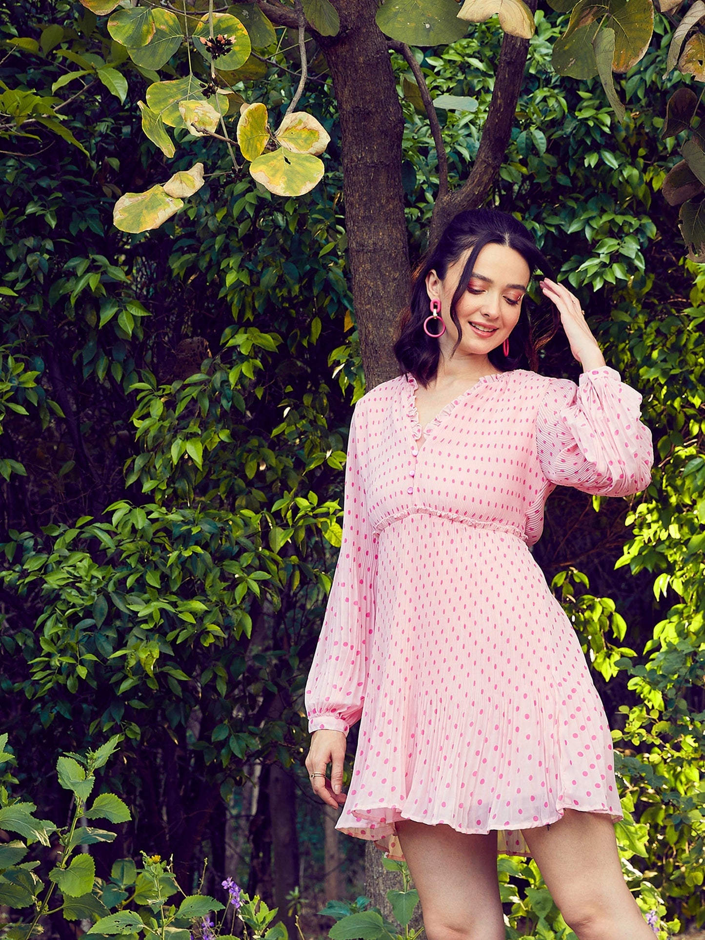 Women's Pink Polka Dot Pleated Dress