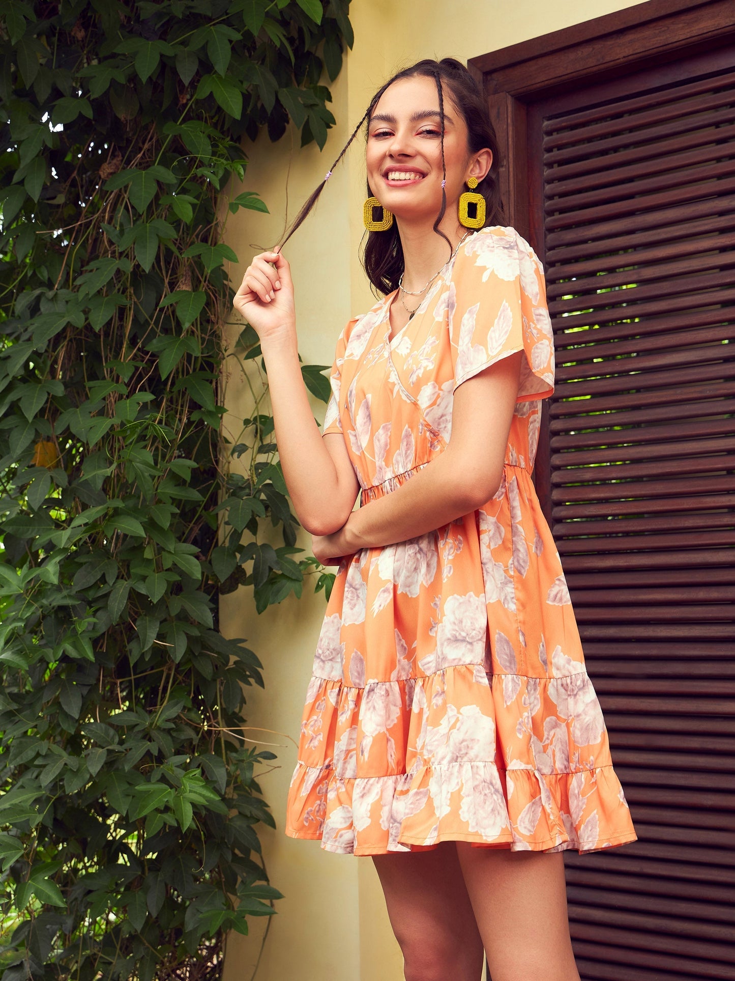 Women's Orange Floral Short Tiered Dress