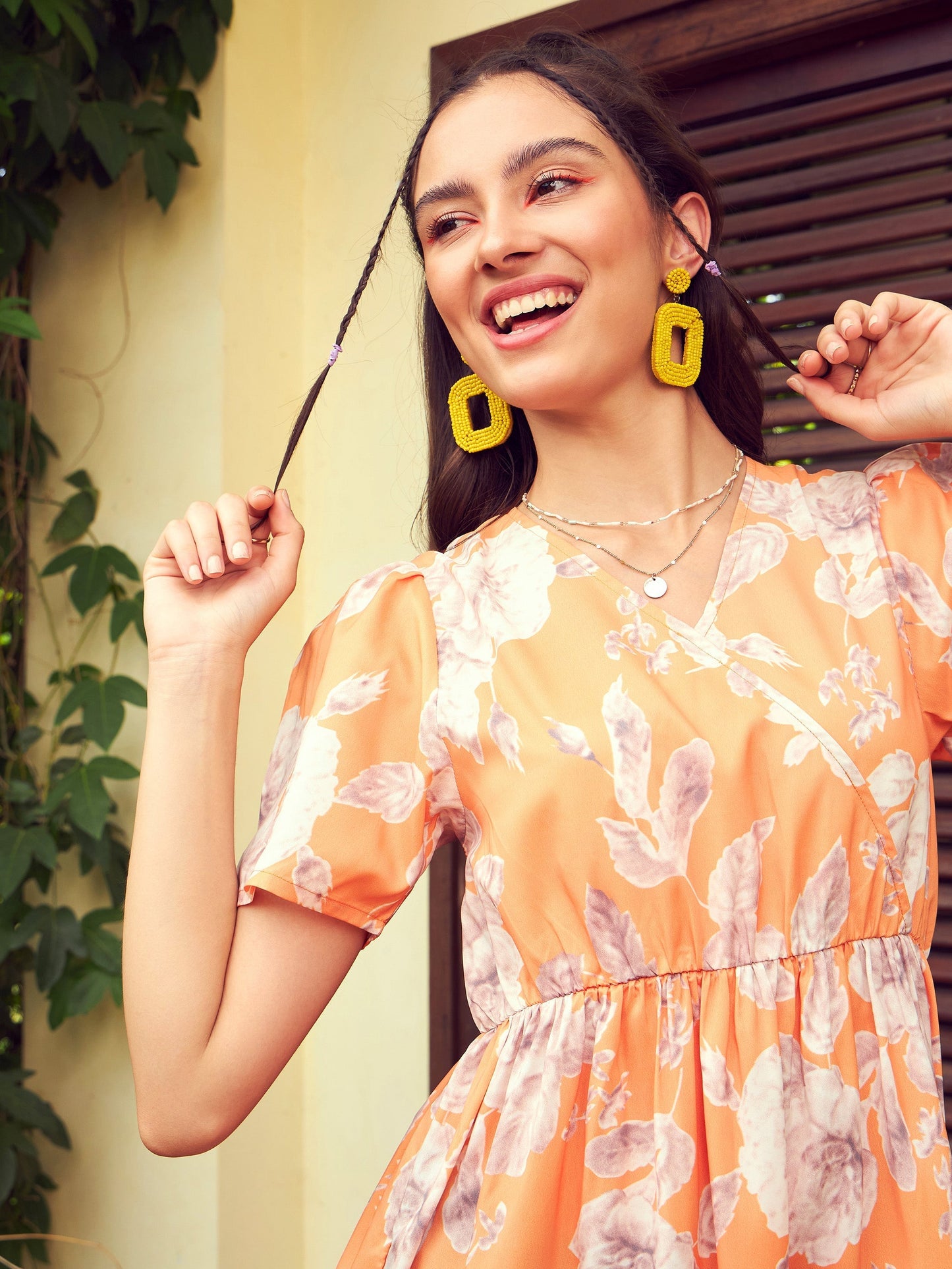 Women's Orange Floral Short Tiered Dress