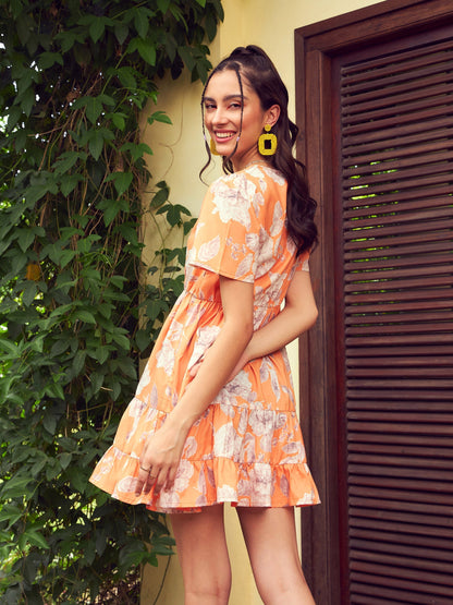Women's Orange Floral Short Tiered Dress