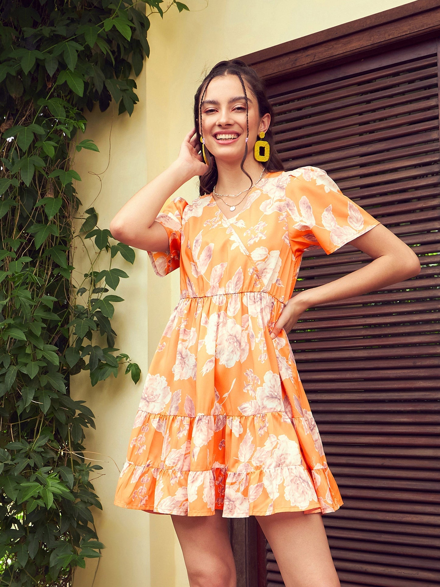 Women's Orange Floral Short Tiered Dress