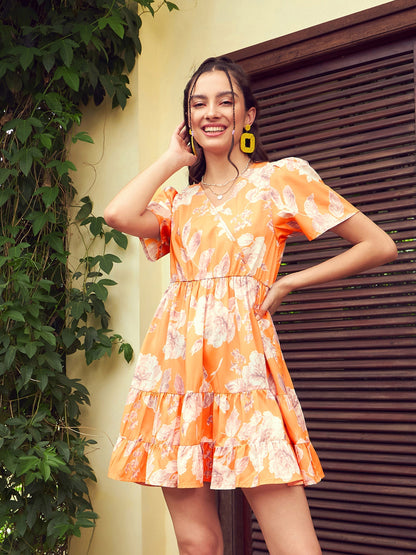 Women's Orange Floral Short Tiered Dress