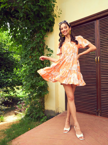 Women's Orange Floral Short Tiered Dress