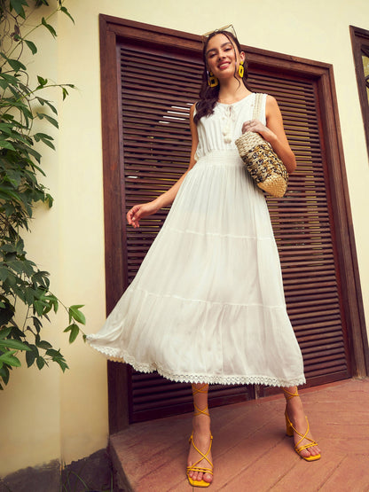Women's White Front Embroidered Tiered Midi Dress