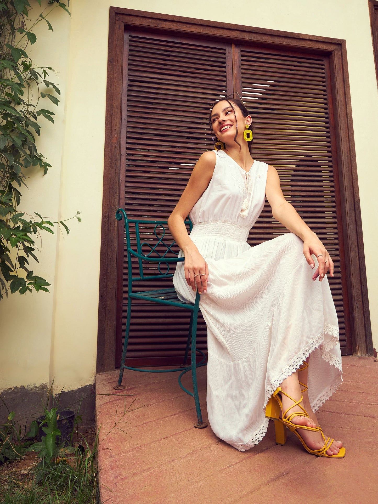 Women's White Front Embroidered Tiered Midi Dress