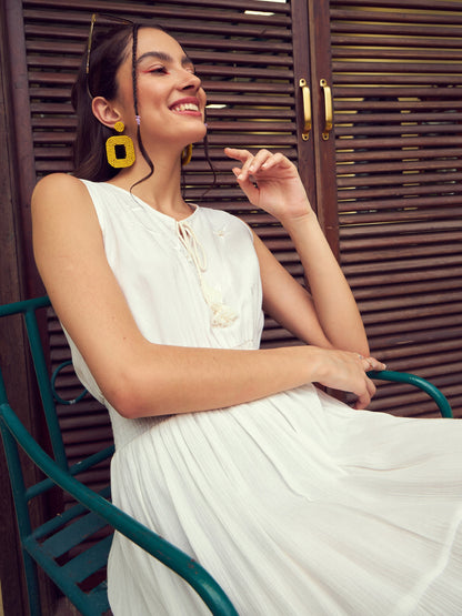 Women's White Front Embroidered Tiered Midi Dress