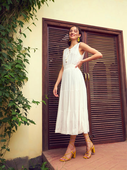 Women's White Front Embroidered Tiered Midi Dress