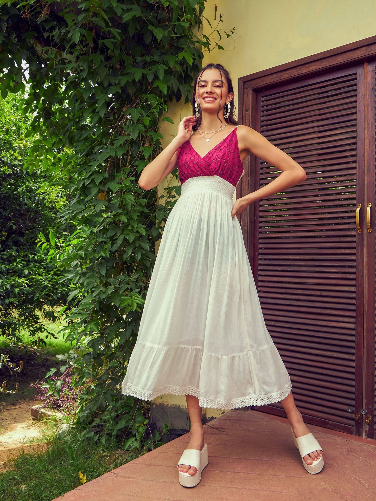 Women's White Contrast Schiffli Bodice Strappy Midi Dress