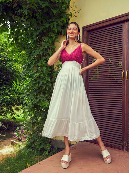 Women's White Contrast Schiffli Bodice Strappy Midi Dress