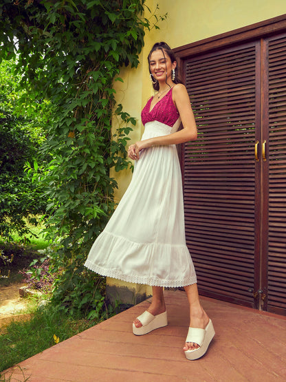 Women's White Contrast Schiffli Bodice Strappy Midi Dress