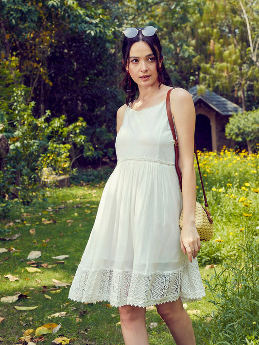 Women's White Embroidered Short Skater Dress
