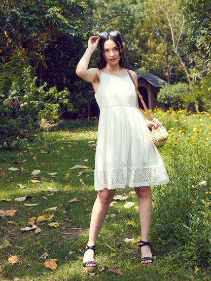 Women's White Embroidered Short Skater Dress