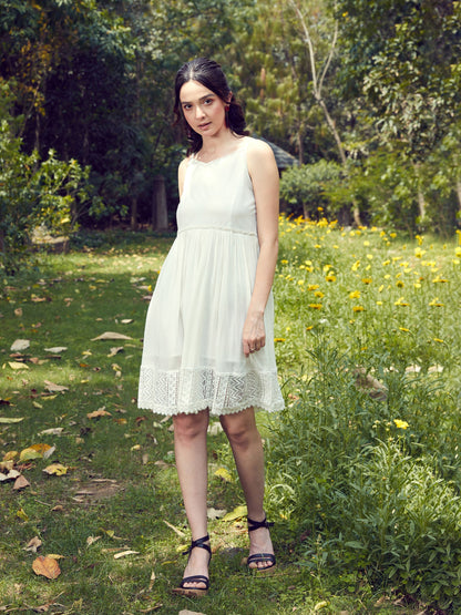 Women's White Embroidered Short Skater Dress