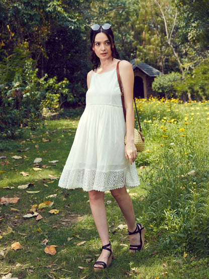 Women's White Embroidered Short Skater Dress