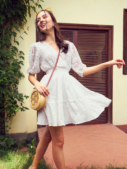 Women's White Front Wrap Lace Skater Dress