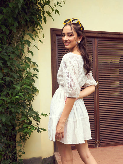 Women's White Front Wrap Lace Skater Dress