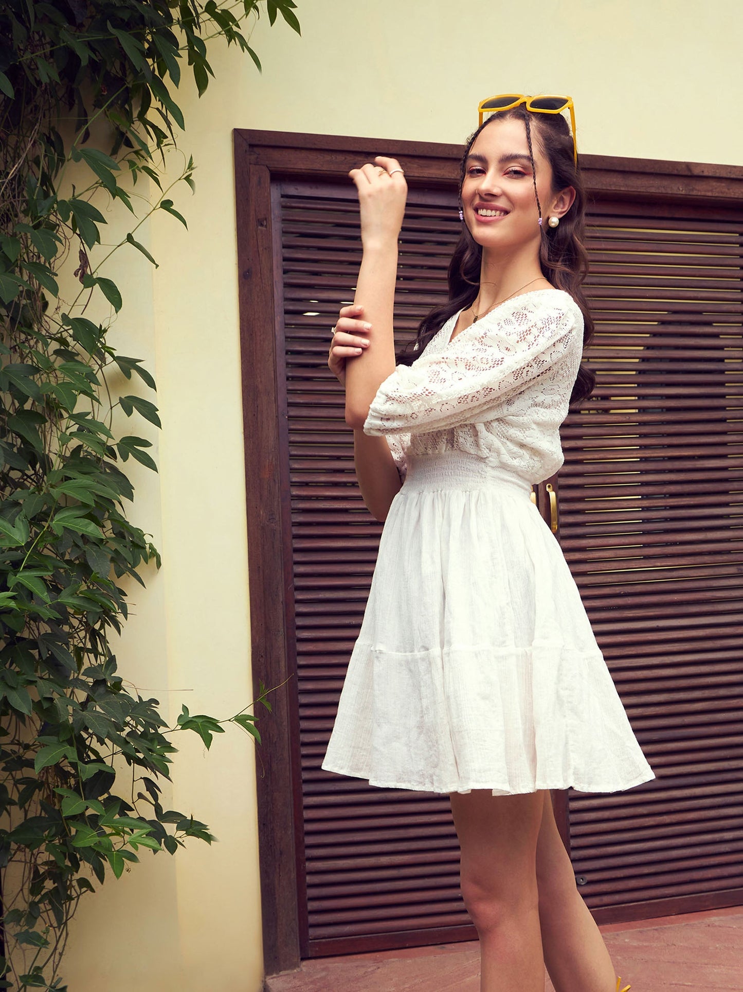 Women's White Front Wrap Lace Skater Dress