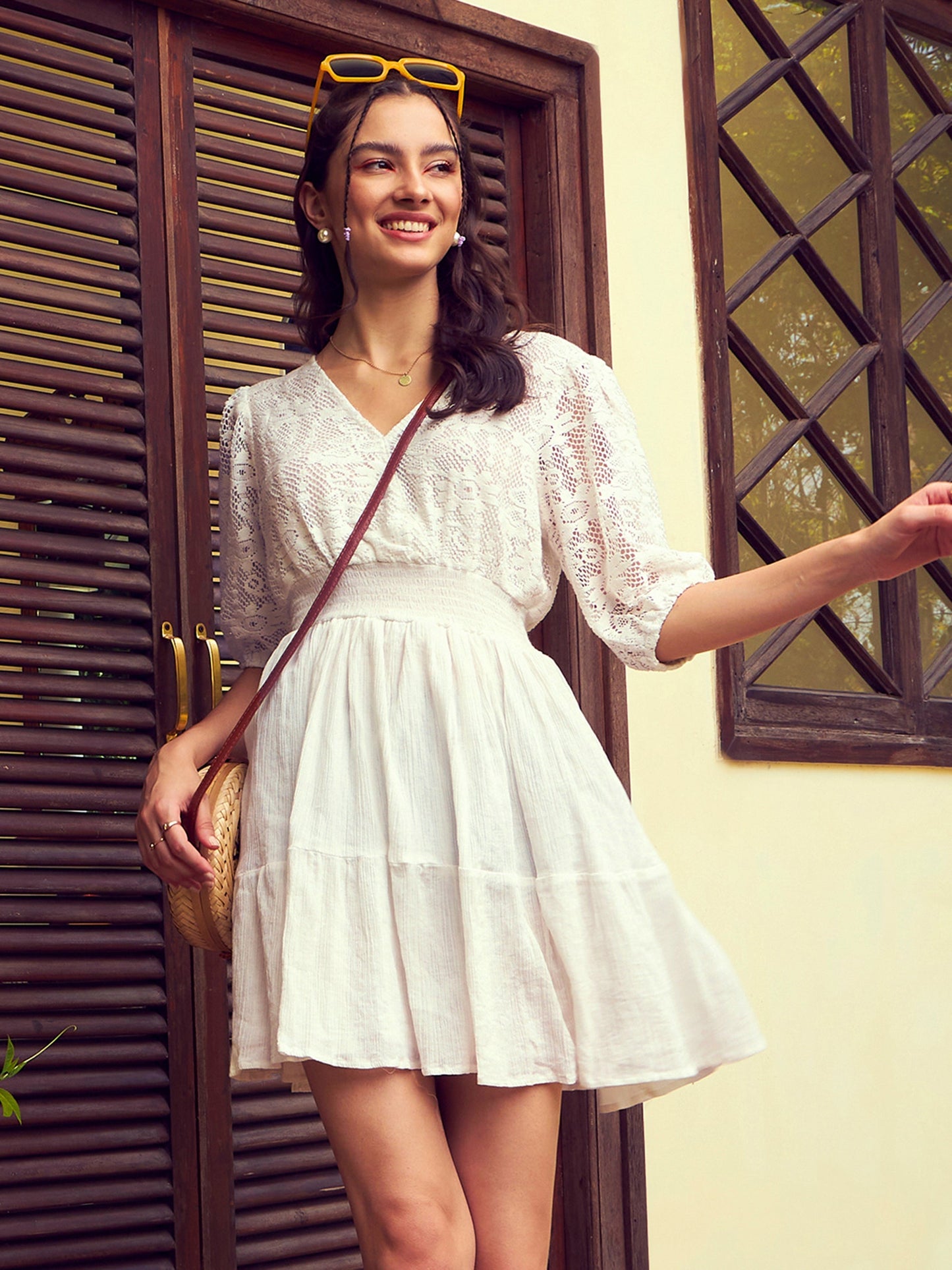 Women's White Front Wrap Lace Skater Dress