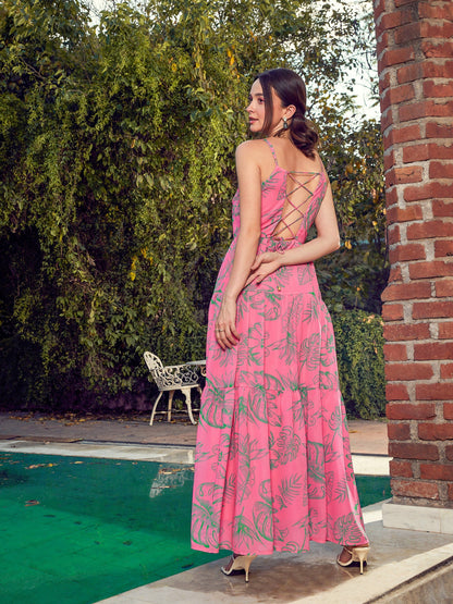 Women's Pink Floral Strappy Tiered Maxi Dress
