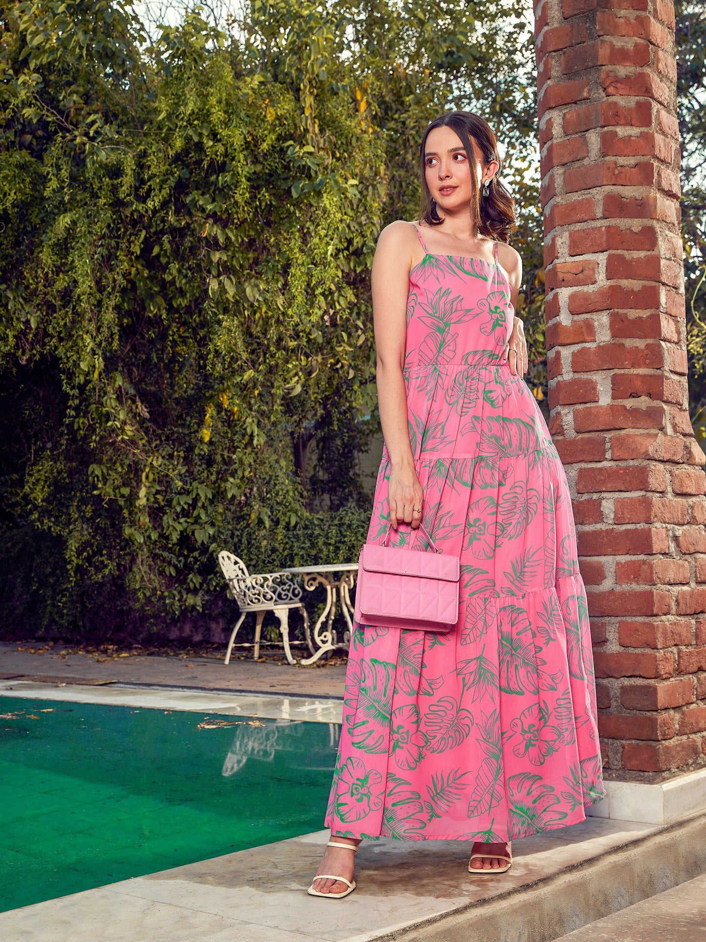 Women's Pink Floral Strappy Tiered Maxi Dress