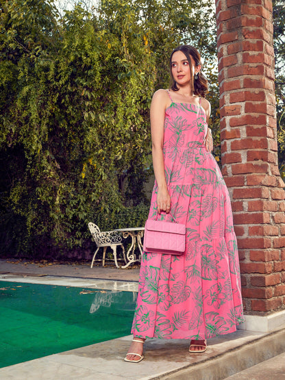 Women's Pink Floral Strappy Tiered Maxi Dress