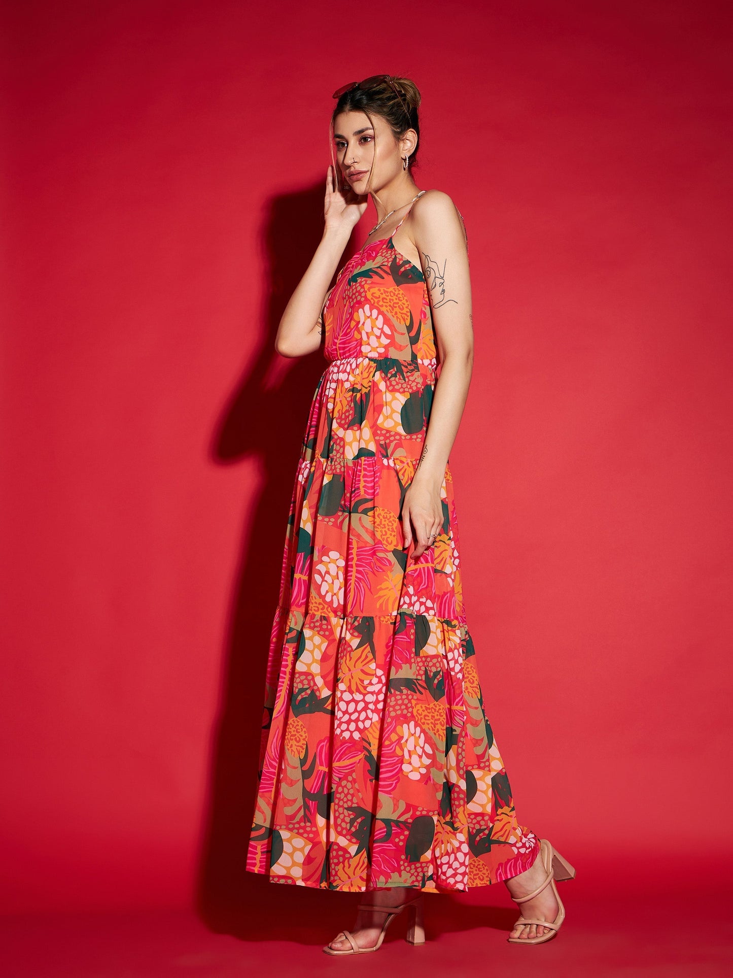 Women's Pink Floral Strappy Tiered Maxi Dress