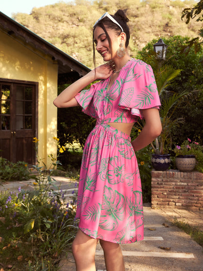 Women's Pink Floral Waist Cut Out Short Skater Dress