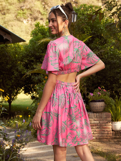 Women's Pink Floral Waist Cut Out Short Skater Dress