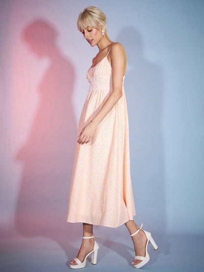 Women's Orange & White Striped Strappy Maxi Dress