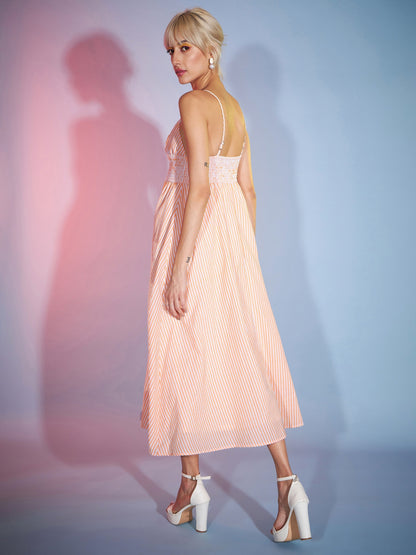 Women's Orange & White Striped Strappy Maxi Dress