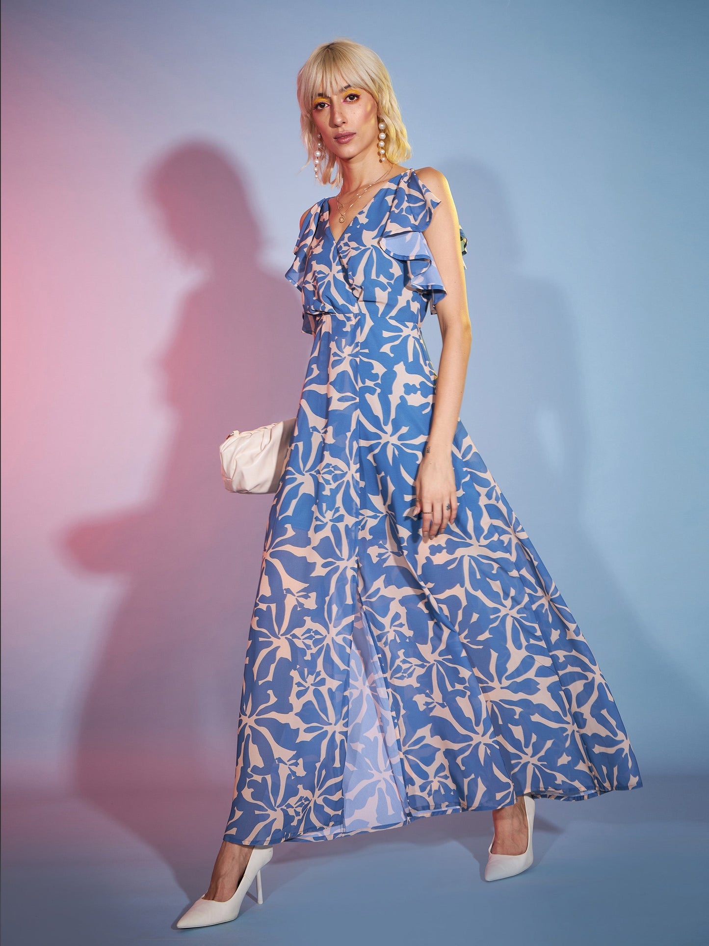 Women's Blue Abstract Frill Sleeve Maxi Dress
