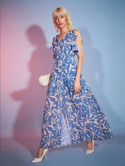 Women's Blue Abstract Frill Sleeve Maxi Dress