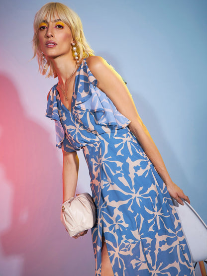 Women's Blue Abstract Frill Sleeve Maxi Dress