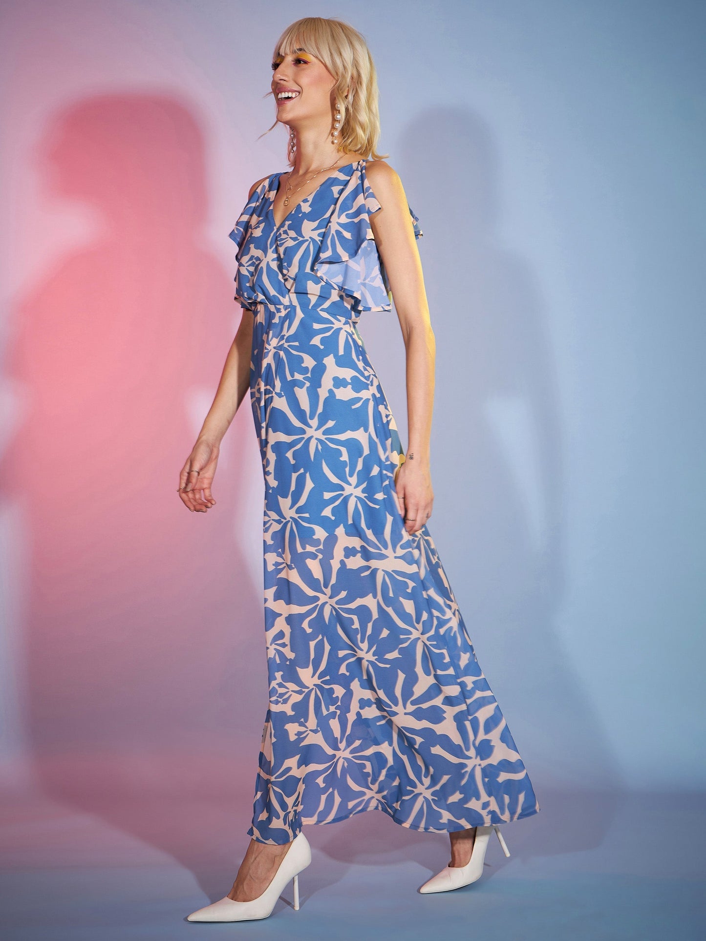 Women's Blue Abstract Frill Sleeve Maxi Dress