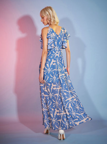 Women's Blue Abstract Frill Sleeve Maxi Dress