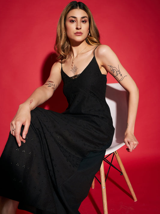 Women's Black Schiffli Strappy Maxi Dress